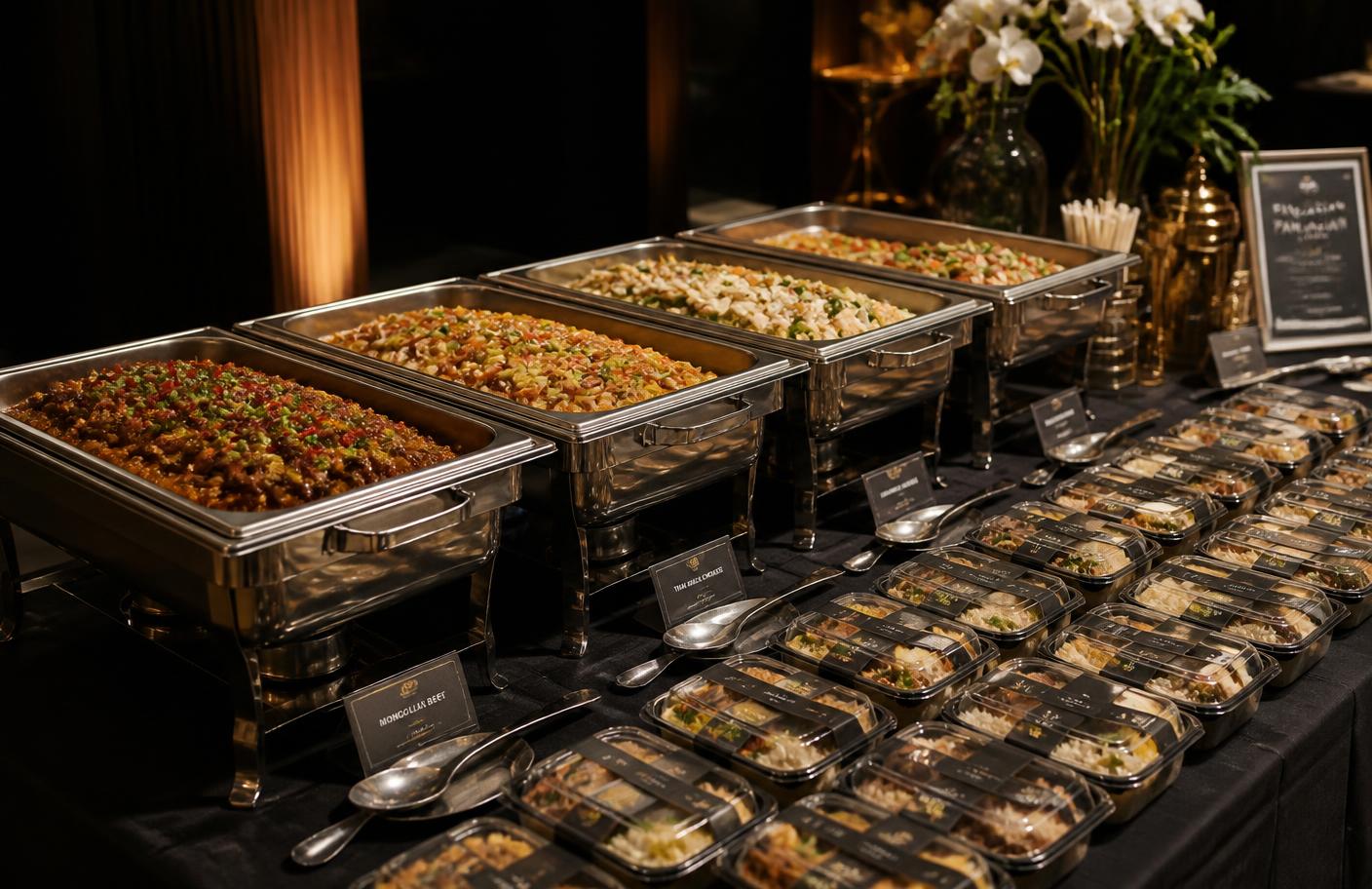 Pan-Asian catering spread with chafing trays and individually packaged meals