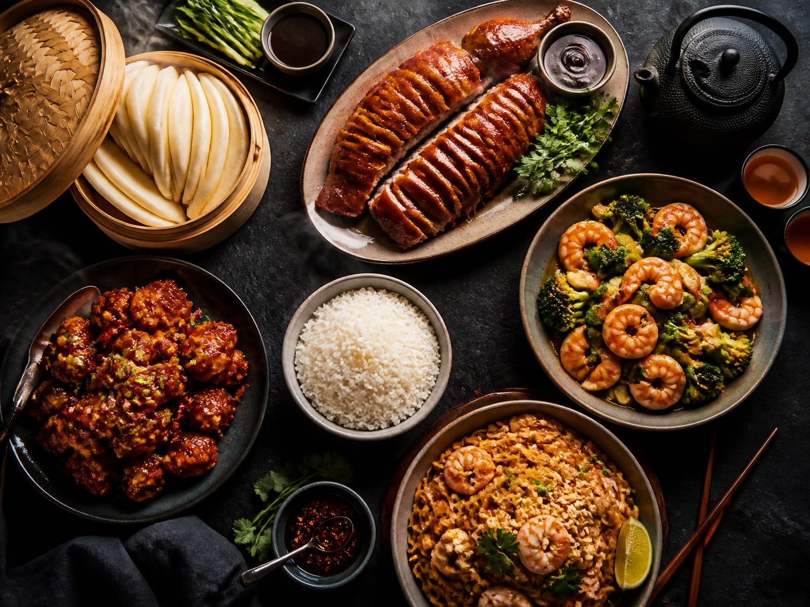 Peking duck, General Tso chicken, shrimp with broccoli and noodles served family style